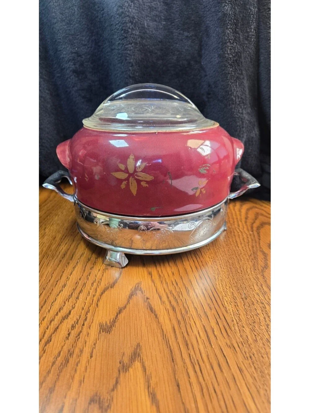 Vintage Red Ceramic and Silver Plated Chafing Dish with Glass Lid
